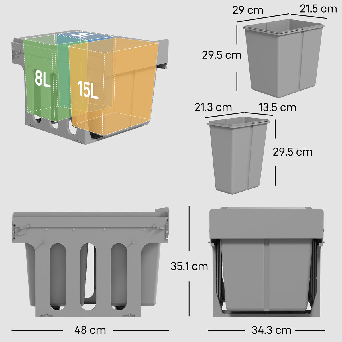 Under Sink Pull Out Bin 31L | 3 Removable Compartments 15L + 2x8L | Damped Metal Rails | Odour-Seal Lid | Child & Pet Resistant | For 400mm Cabinets | ABS PP | Light Grey | 48x34.3x35.1cm