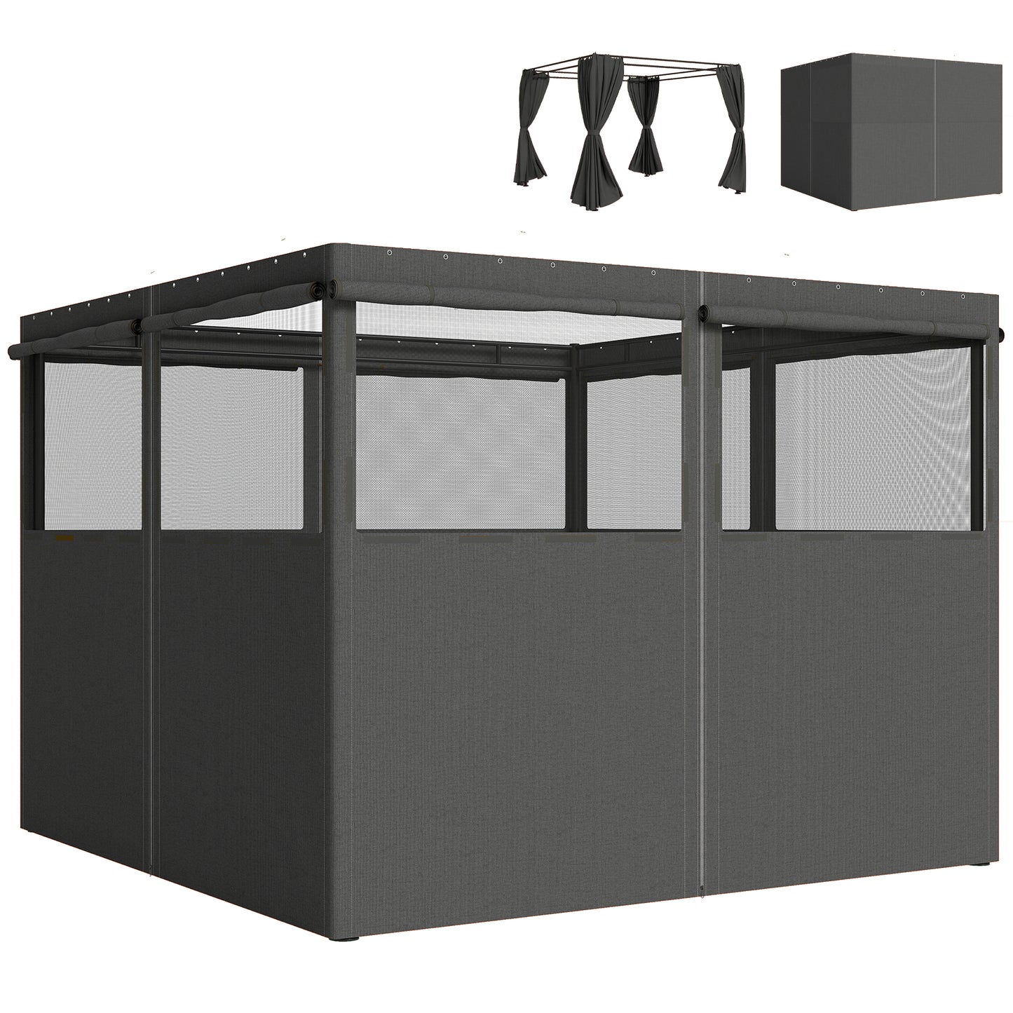 Set of 4 Replacement Gazebo Curtains Sidewalls | UPF30+ Polyester | Roll-Up Mesh Windows | Double-Sided Zip | O-Rings Included | Fits Most 3x3m Gazebos | 300x198cm | Dark Grey