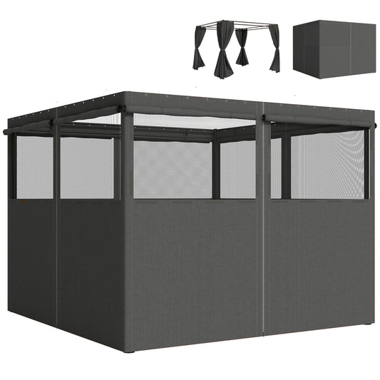 Set of 4 Replacement Gazebo Curtains Sidewalls | UPF30+ Polyester | Roll-Up Mesh Windows | Double-Sided Zip | O-Rings Included | Fits Most 3x3m Gazebos | 300x198cm | Dark Grey