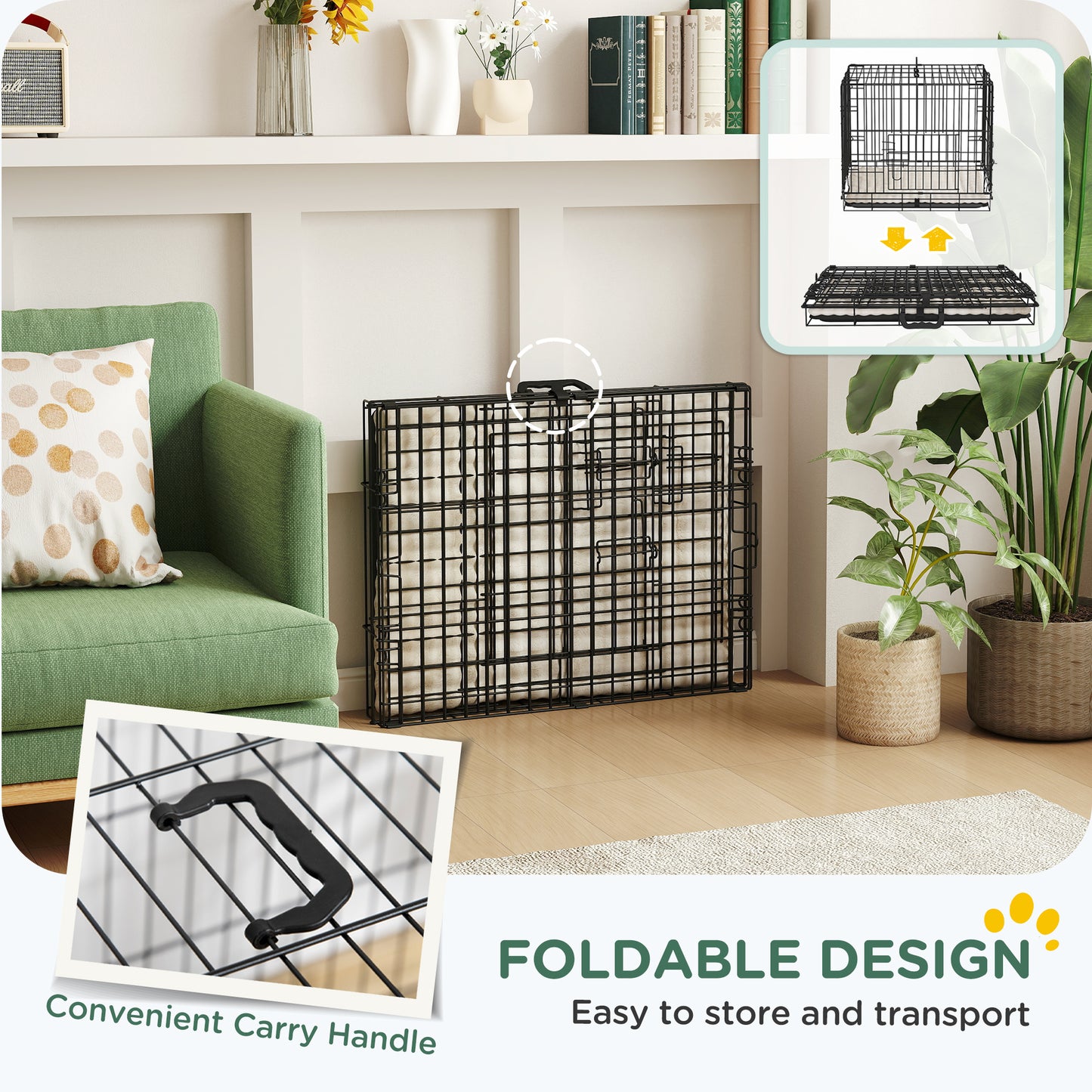 Foldable Dog Crate XS | 2 Doors | Soft Washable Cushion | Removable ABS Tray | Extra Small Dogs up to 4kg | 60 x 40 x 50cm | Black