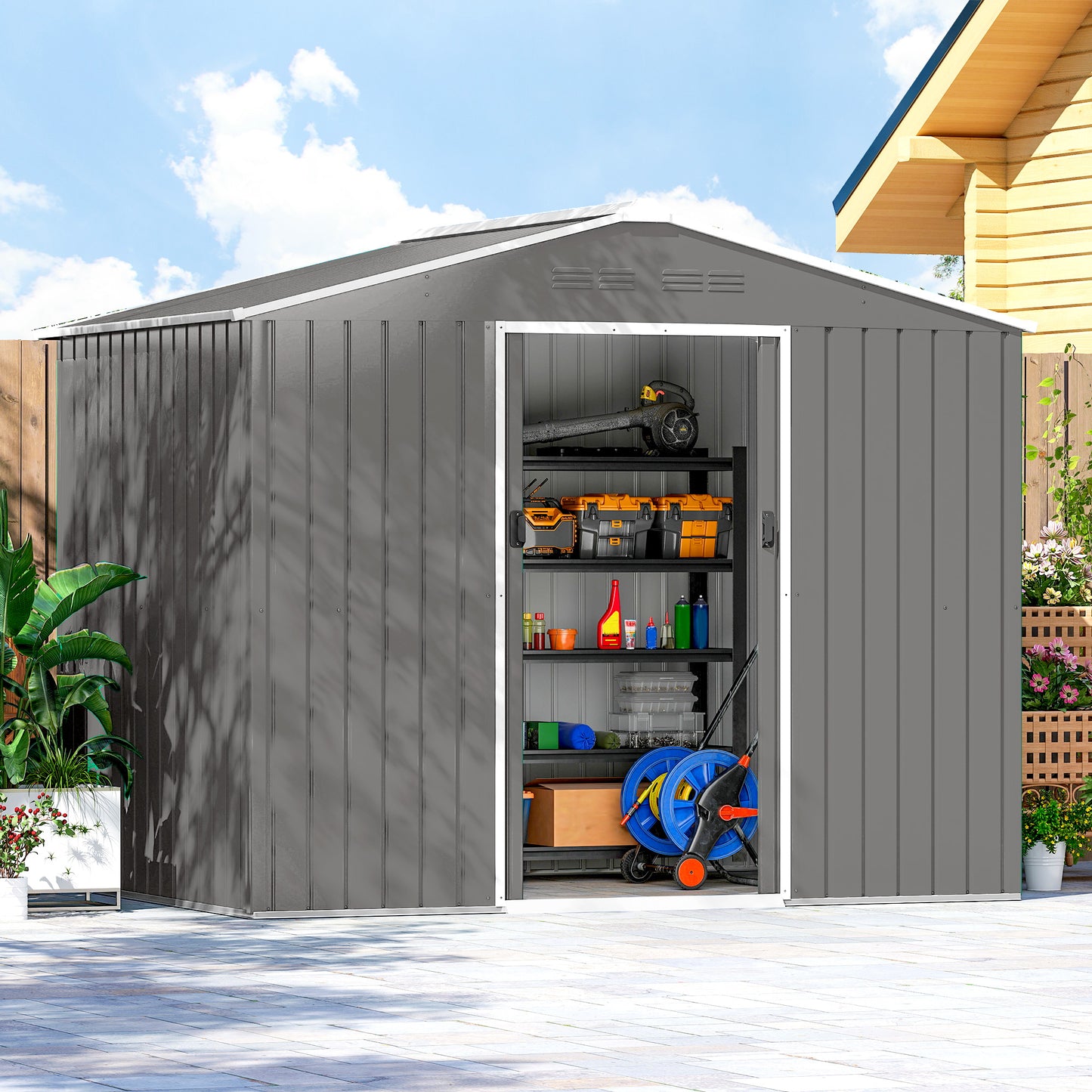 Large Galvanised Steel Garden Storage Shed | Double Sliding Door | 4 Ventilation Slots | Sloped Roof | 20kg/m² Snow Load | 236x171x191cm | Bikes Scooters Tools & Bins | Light Grey