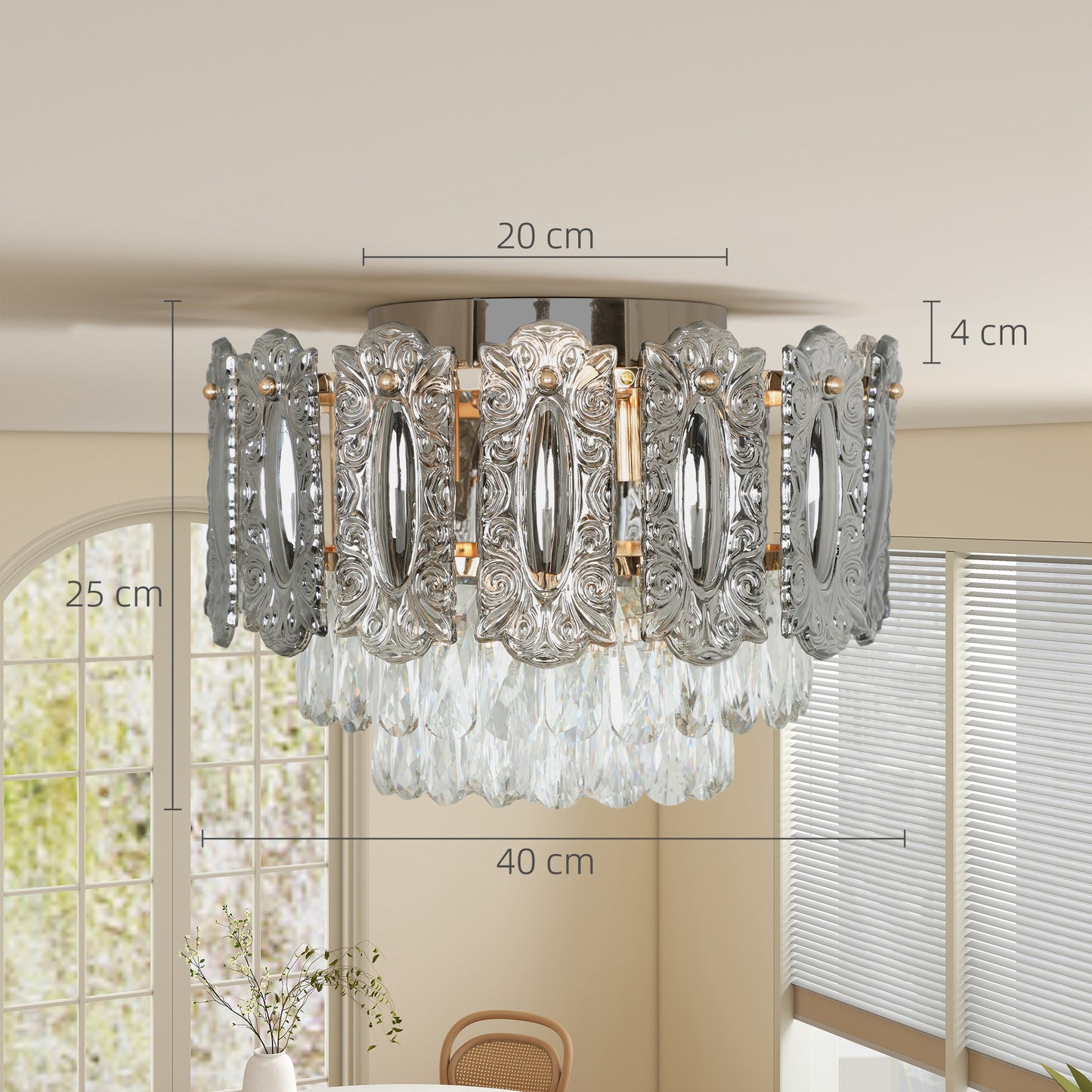 Chandelier Ceiling Light, 3-Light Vintage Flush Mount Fixture with Dual Crystal and Smoke Glass Shade, LED Ceiling Light for Living Room Bedroom, 3 E27 Sockets, Bulbs Not Included, Gold Tone