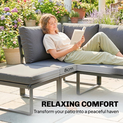 6-Piece Modular Garden Sofa Set | Dining Table | 8cm Cushions | Seats 6-8 | Grey