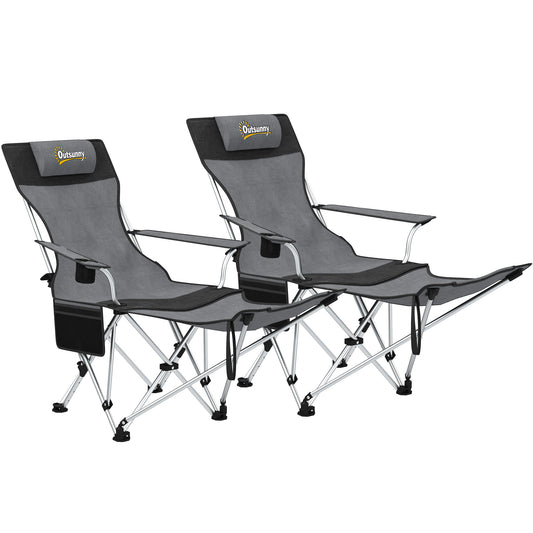 Set of 2 Reclining Folding Camping Camp Chair w/ Detachable Footrest, Storage Bag, Cup Holder & Headrest, Lightweight Portable for Beach, Picnic