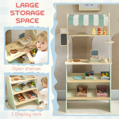 AIYAPLAY Wooden Toy Shop & Market Stall | Green | 40x30x92.5cm | 34 Accessories | Cash Register | Blackboard | Cuttable Food | 4 Storage Boxes | MDF & Wood | Rounded Edges | Age 3+