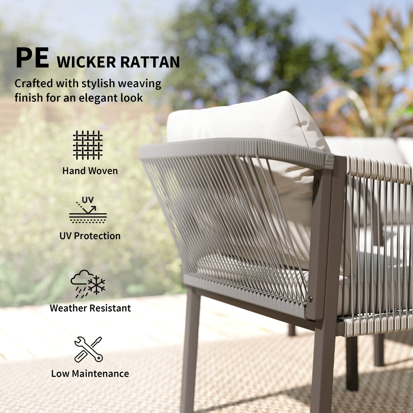 4 Piece Rattan Garden Furniture Set | Loveseat | 2 Armchairs | Wood-Effect WPC Coffee Table | Round PE Wicker | Powder-Coated Steel | Washable Cushions | 120kg | Grey