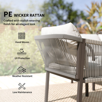 4 Piece Rattan Garden Furniture Set | Loveseat | 2 Armchairs | Wood-Effect WPC Coffee Table | Round PE Wicker | Powder-Coated Steel | Washable Cushions | 120kg | Grey