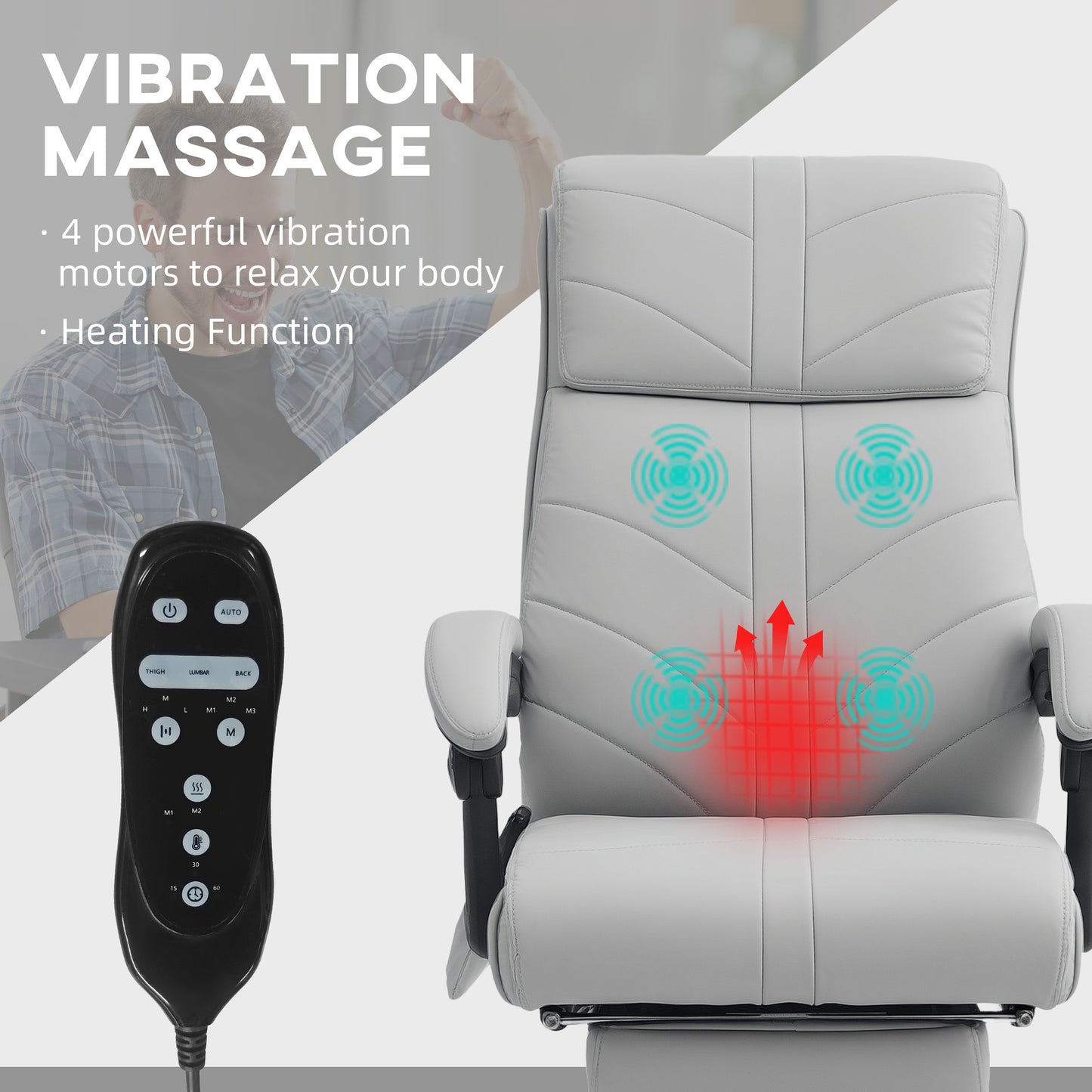 Faux Leather Massage Office Chair | 4 Point Vibration | Lumbar Heat | 3 Modes & Timer | Remote | 135° Recline & Footrest | 45-53cm Seat Height | 120kg | Light Grey