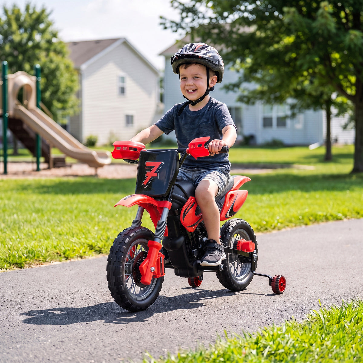 AIYAPLAY 12V Kids Electric Ride-On Motorbike | Red, Orange or Green | Dual 35W Motors, Training Wheels & Rear Suspension | Ages 3–6