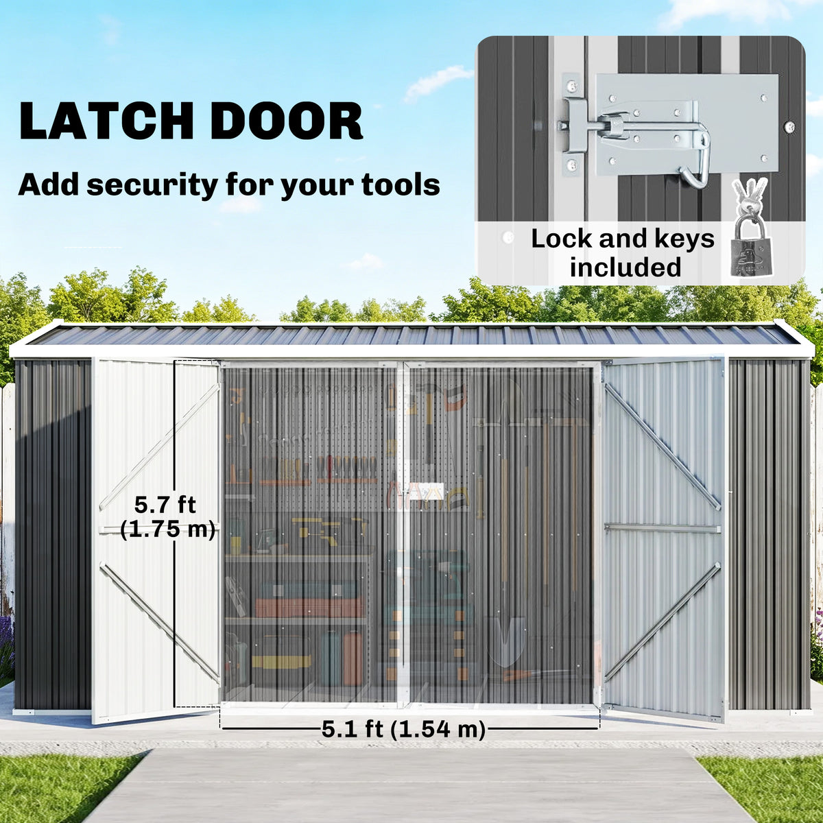 Large Galvanised Steel Garden Storage Shed | 420x245x200cm | 14x8ft | 9.7m² Floor | Sloped Roof | 4 Ventilation Windows | Lockable Door | Foundation Kit | Lock & Gloves Included | Grey
