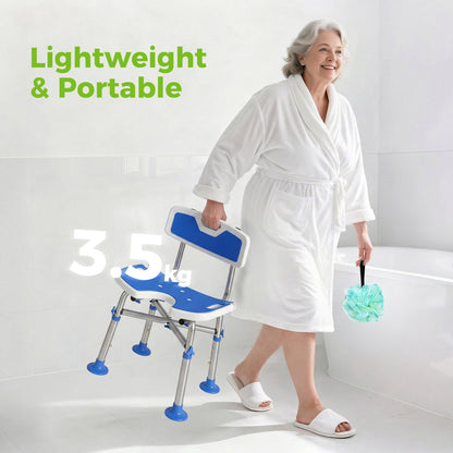 Height Adjustable Shower Chair | U-Shaped Cutout | HDPE Padded Seat | Drainage Holes | Shower Head Holder | Non-Slip Suction Feet | 150kg X-Frame | MDR-CE & FDA Certified | 39-49cm | Blue