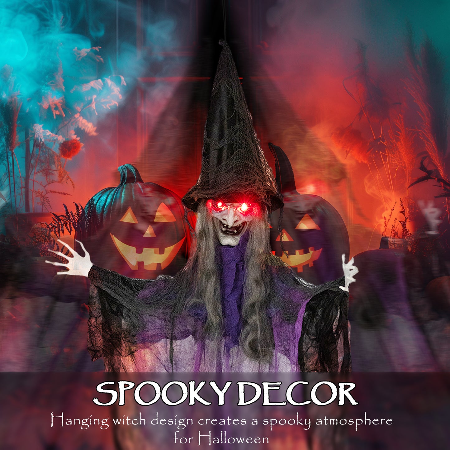 183 cm Life Size Halloween Animated Hanging Witch with Glowing LED Eyes, Spooky Witch Scary Halloween Decorations, Battery Operated, Indoor Party Props