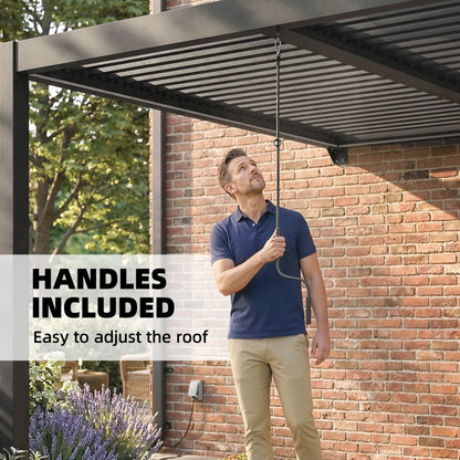 3x3m Wall-Mounted Louvered Pergola | LED Lights | Adjustable Louvres | Drainage | Windproof 7-8 | Dark Grey