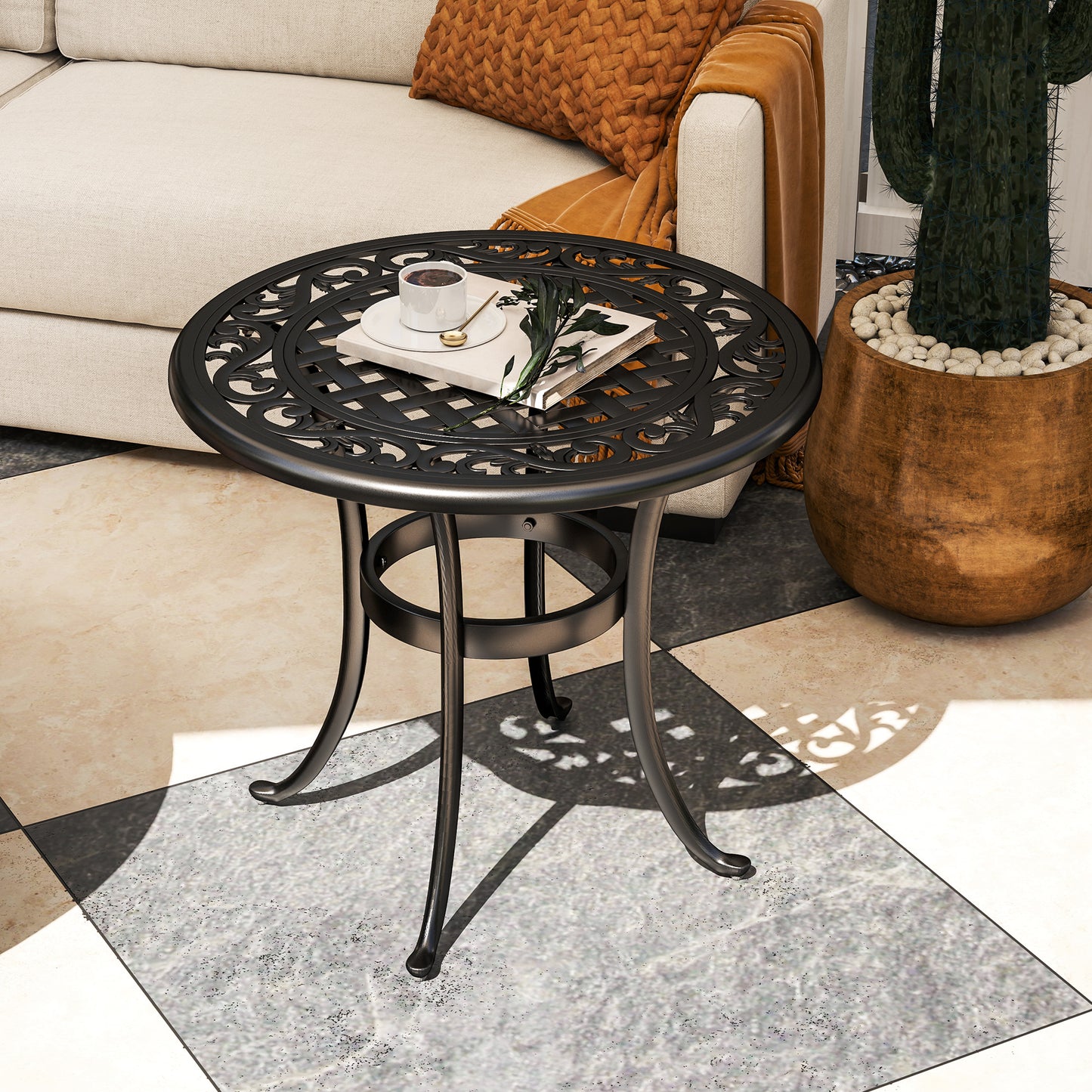 60cm Round Cast Aluminium Garden Side Table | Decorative Cut-Out Top | Curved Legs | 60kg | Black