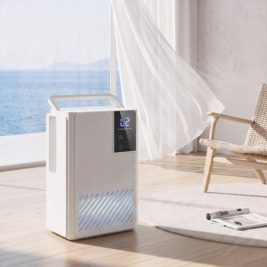 400ml/Day Small Dehumidifier | 2L Tank (120hrs) | 7-Colour RGB Mood Light | 43dB Sleep Mode | 2–24H Timer | LED Touch Panel | Auto Shut-Off & Defrost | 15m² | ABS | 20x14.2x28.6cm | White