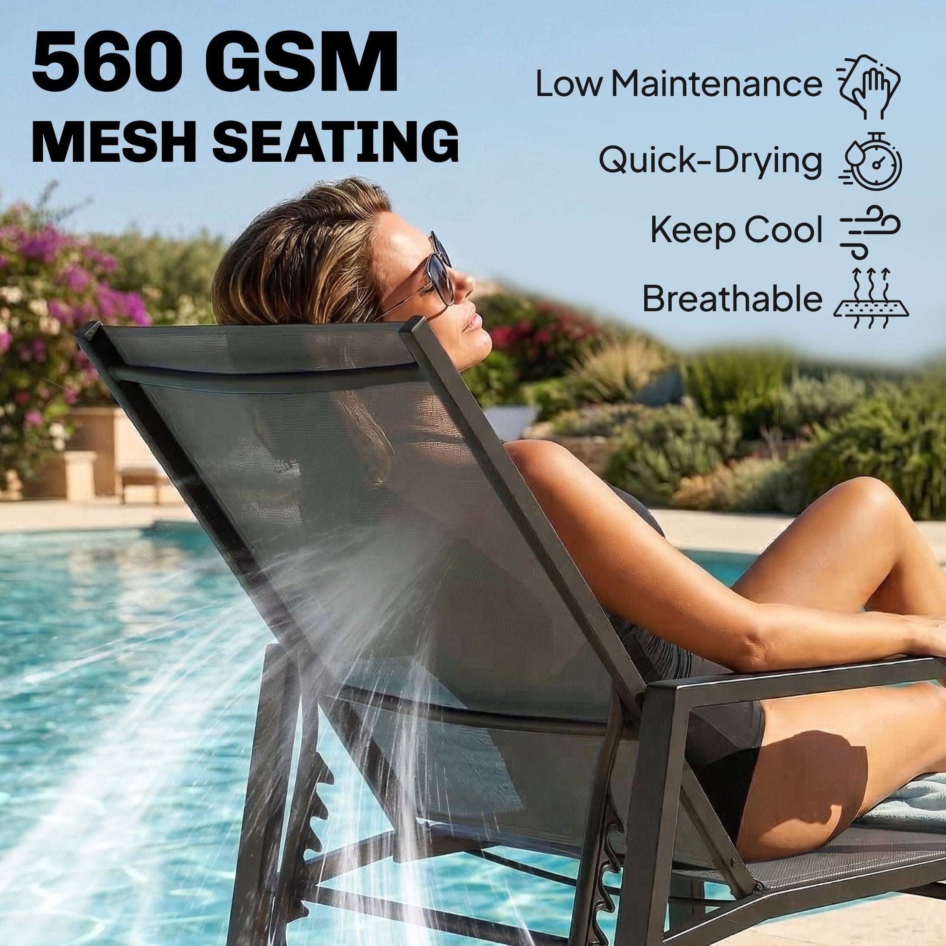 Outsunny Sun Loungers Set of 2 Retractable Footrest 5-Position Adjustable Steel Frame for Beach, Porch, Patio, Camping, Dark Grey