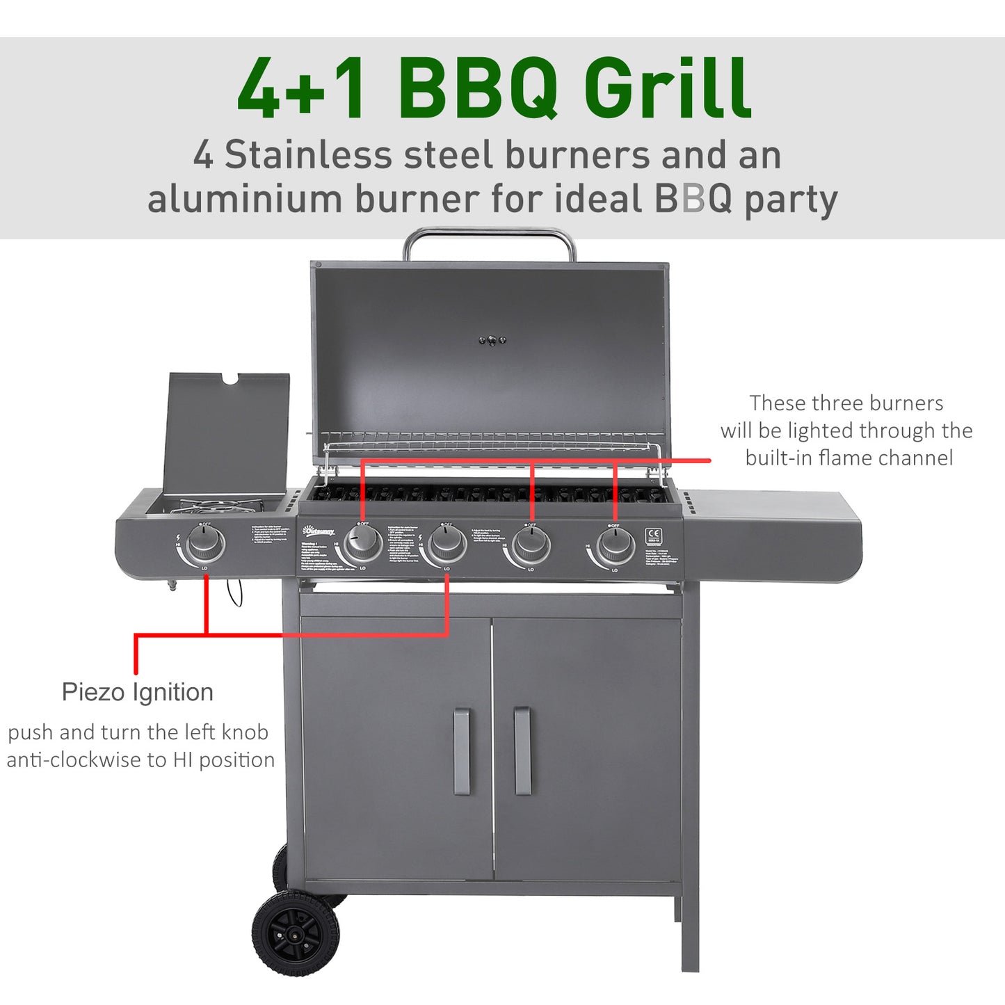 4+1 Burner Gas BBQ Grill, Outdoor Barbecue Trolley with Wheels, Warming Rack, Side Shelves, Cabinet, Thermometer for Garden, Party, Camping