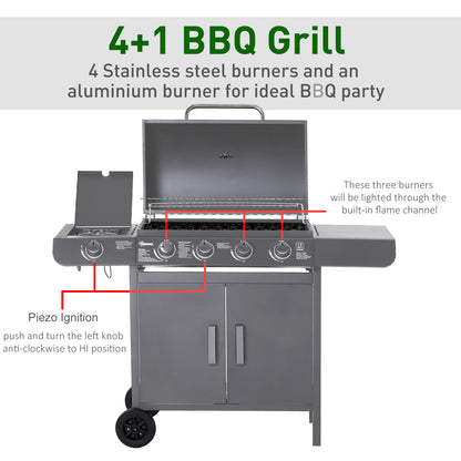 4+1 Burner Gas BBQ Grill, Outdoor Barbecue Trolley with Wheels, Warming Rack, Side Shelves, Cabinet, Thermometer for Garden, Party, Camping