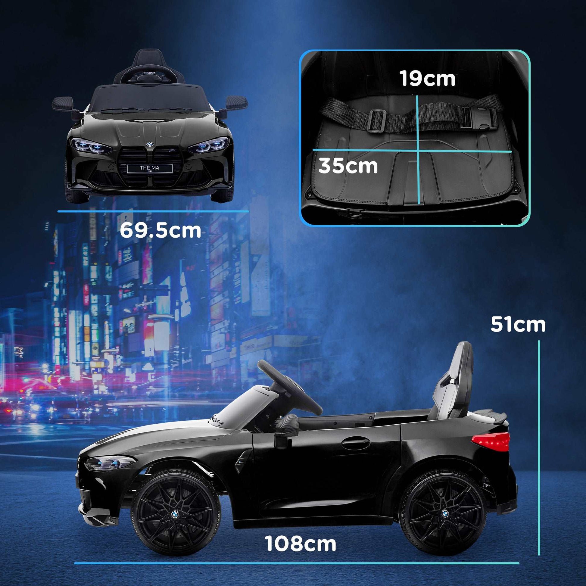 12V BMW M4 Licensed Kids Car with Easy Transport, Remote Control, Suspension, Music, Horn, LED Lights