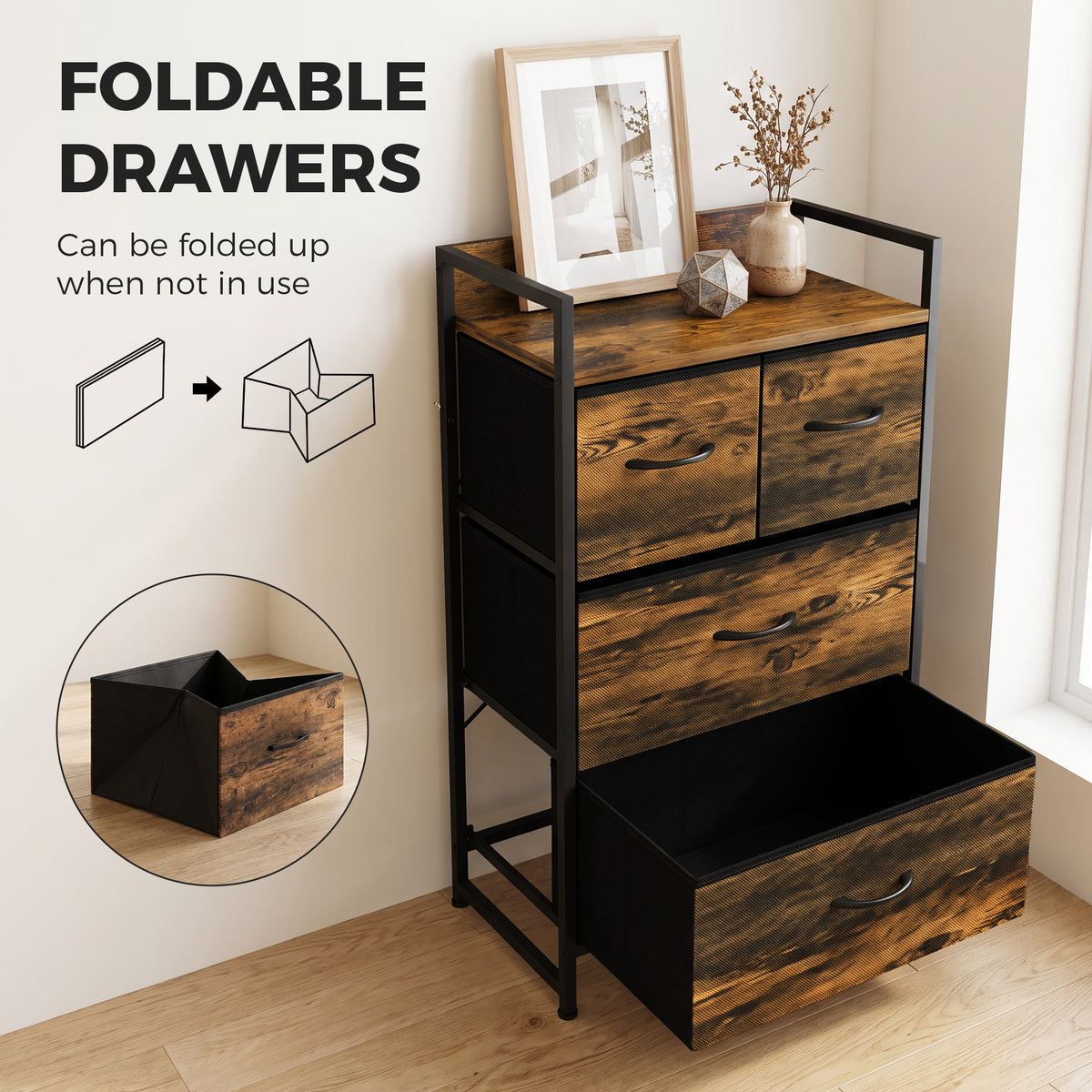 Rustic Chest of Four Fabric Drawers | Rustic Brown & Black | Particleboard Steel Linen | 50x29x85cm | 25kg Max Load | Adjustable Feet | Industrial Style | Bedroom Storage