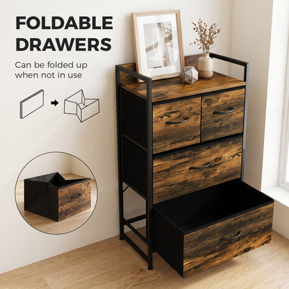 Rustic Chest of Four Fabric Drawers | Rustic Brown & Black | Particleboard Steel Linen | 50x29x85cm | 25kg Max Load | Adjustable Feet | Industrial Style | Bedroom Storage