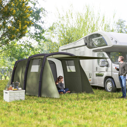 Inflatable 3-4 Man Tunnel Tent w/ Air Pump, Living Area & Vestibule, Waterproof Family Camping Air Tent w/ Sewn In Groundsheet