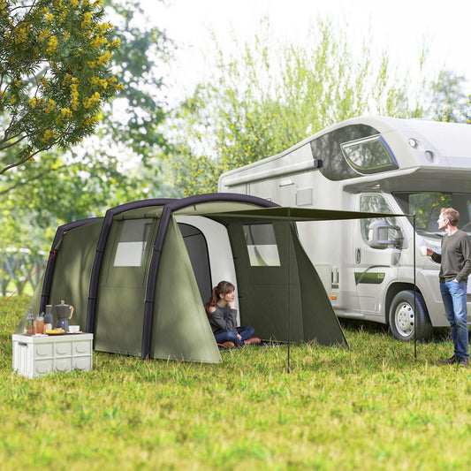 Inflatable 3-4 Man Tunnel Tent w/ Air Pump, Living Area & Vestibule, Waterproof Family Camping Air Tent w/ Sewn In Groundsheet