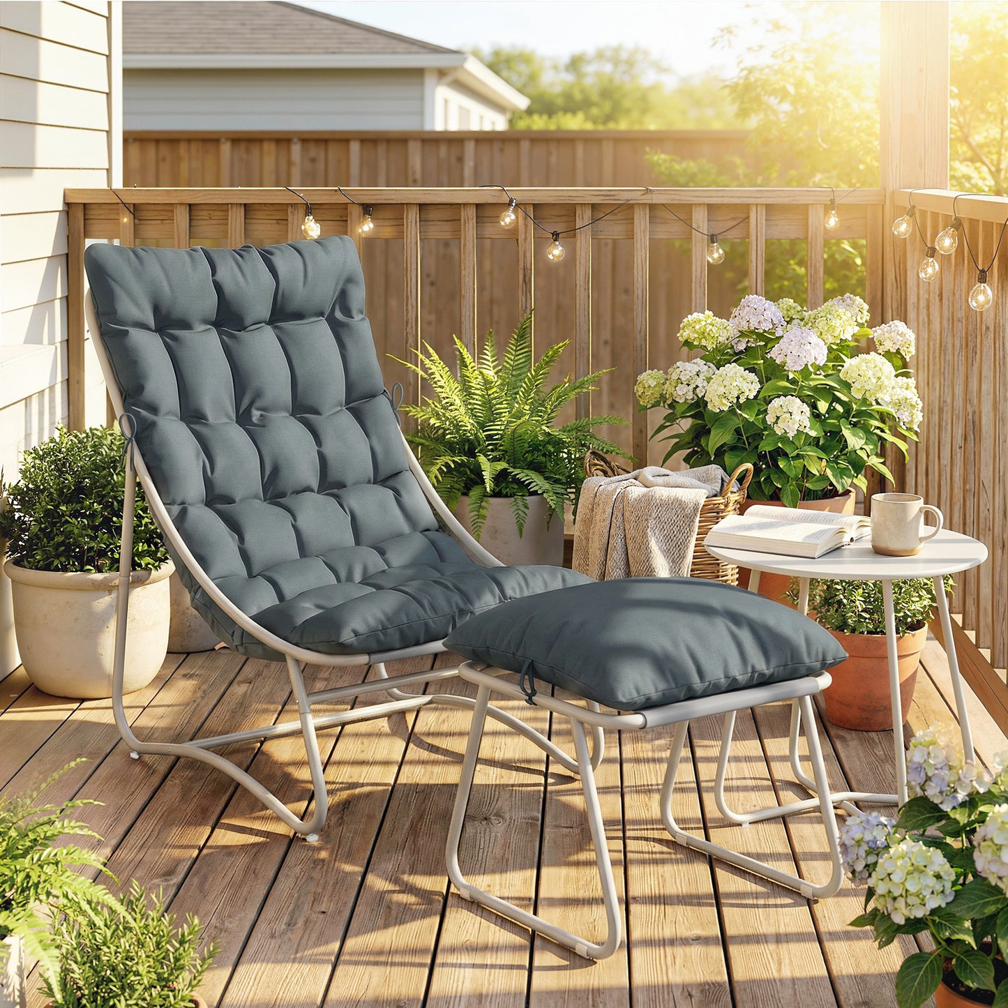 3 Piece Garden Bistro Set | Chair, Footstool & Table | Teslin Mesh Seat | Removable Cushions | Steel Frame | All Season | Dark Grey