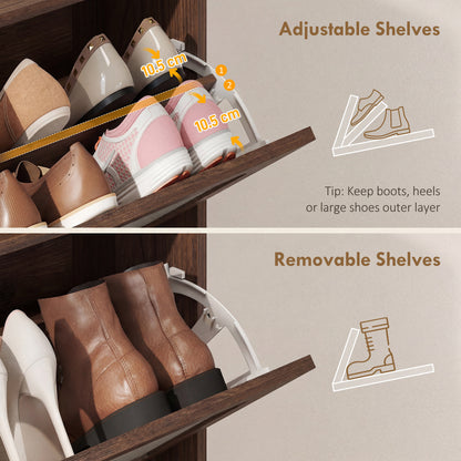 Boho Narrow Shoe Cabinet | 2 Flip Drawers | Rattan Fronts | 12-16 Pairs | Adjustable Shelves | Anti-Tip Hardware | Melamine Coating | 40kg Capacity | 80x23.7x99.5cm | Dark Brown