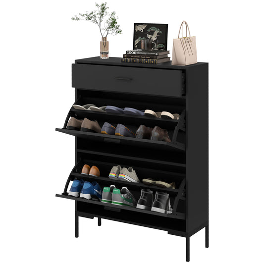 3 Drawer Shoe Cabinet Cupboard with 2 Flip Doors, Sliding out Drawer and Adjustable Shelf for 12 Pairs of Shoes, Narrow Shoe Storage Organiser for Hallway, Entryway, Black