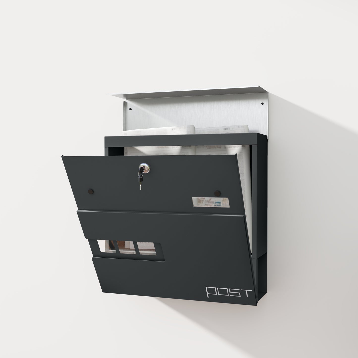 Wall Mounted Post Box with Viewing Window,  Modern Galvanised Steel Mailbox with Copper Core, Weatherproof Letterbox Charcoal Grey