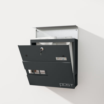 Wall Mounted Post Box with Viewing Window,  Modern Galvanised Steel Mailbox with Copper Core, Weatherproof Letterbox Charcoal Grey