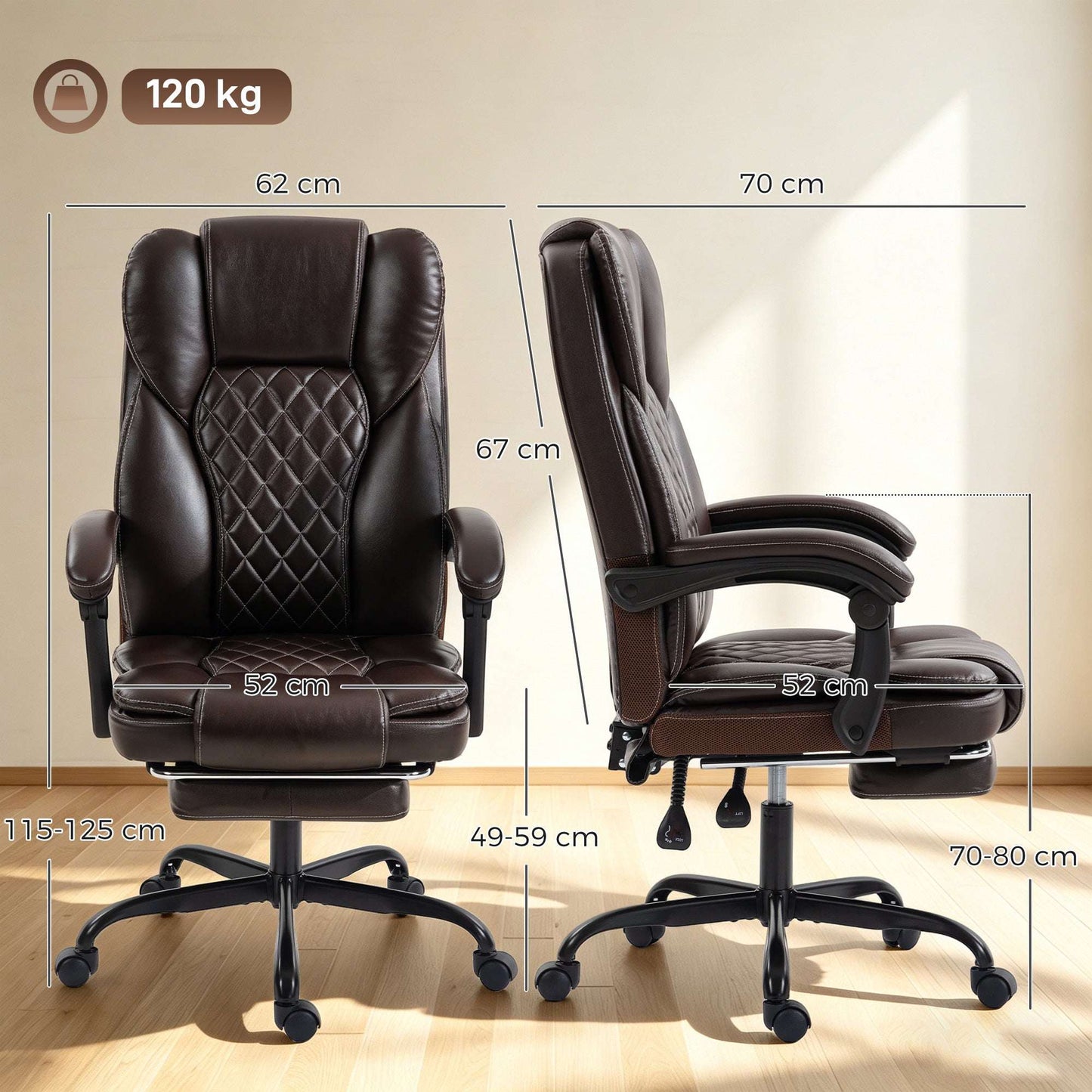 High-Back Executive Reclining Office Chair | 90-135° Recline | Linkage Armrests | Retractable Footrest | Pocket Spring & Foam Seat | PU Leather | EN1335 & BS5852 | 120kg | Brown