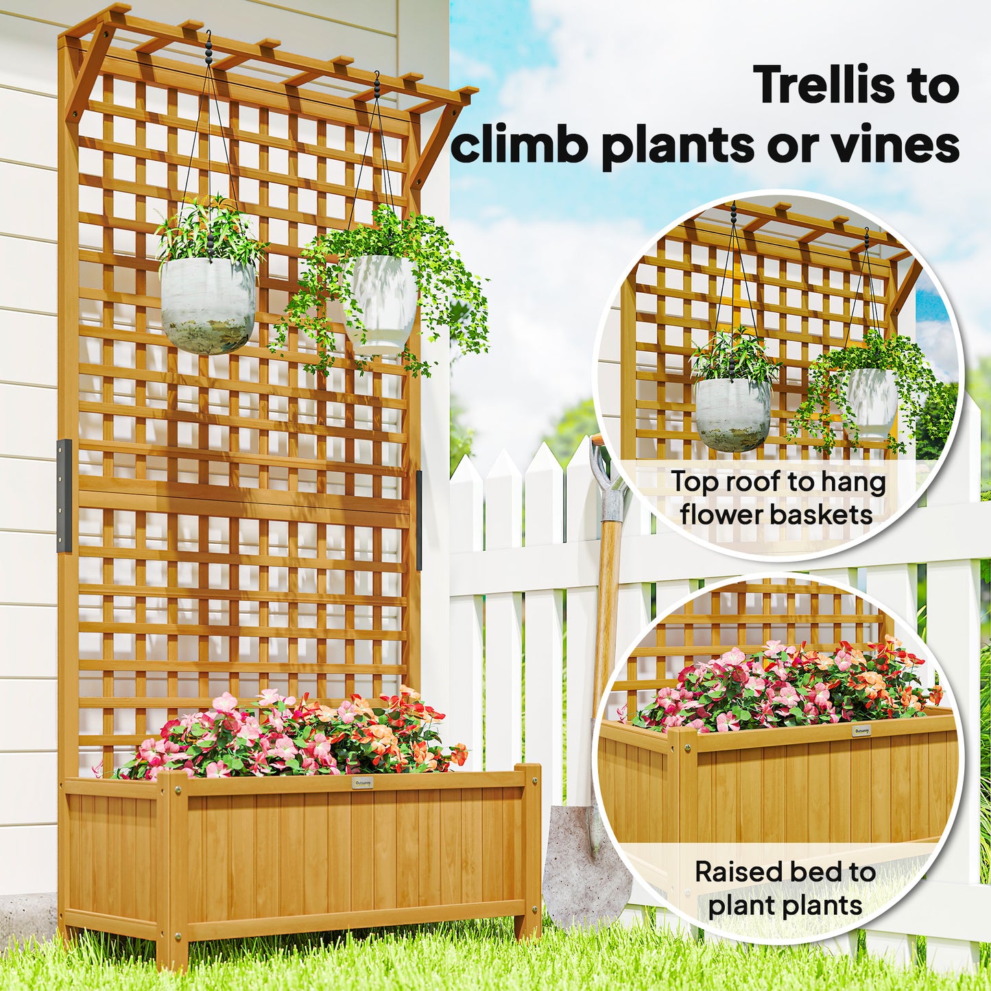 Raised Bed with Drainage Holes, Wood Planter with Trellis for Climbing Plants to Grow Vegetables, Flowers, Yellow