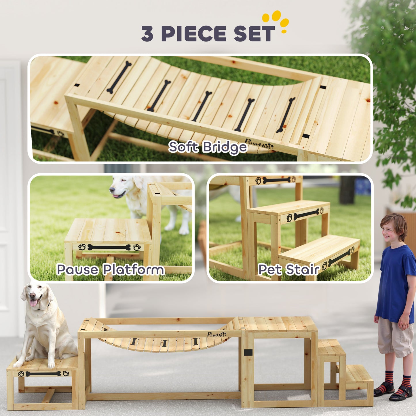 3-Piece Dog Agility Training Set | Flexible Bridge | Pause Platform | Pet Stairs | Solid Fir Wood | 50kg Per Piece | Suits Dogs Up to 40kg | Natural Wood Finish