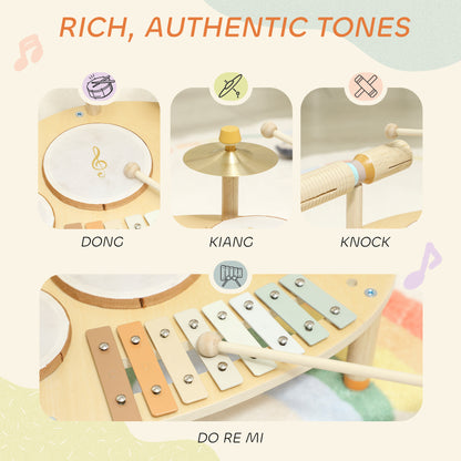 Baby Drum Kit – 4-in-1 Wooden Musical Instruments, 3 Drums, 8-Note Xylophone, Cymbals & Dual-Tone Block, EN71 Tested, Gift-Ready, Ages 2+