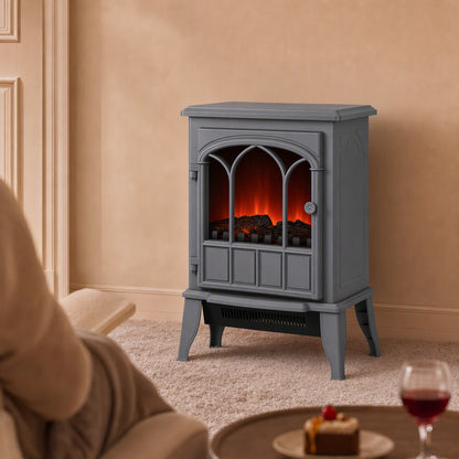 Freestanding Electric Fireplace Log Burner | 1000W/2000W Dual Heat | Stepless LED Flame Effect | Stepless Thermostat | Forced-Air Fan | Thermal Cut-Off | ERP Compliant | 39x23x56.5cm | Grey