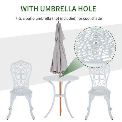 Outsunny 3 Pieces Antique Garden Bistro Set for 2, Cast Aluminium Garden Furniture Set with Umbrella Hole, White