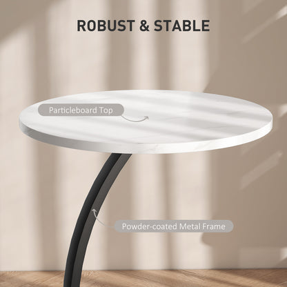 C Shaped Side Table, Round Bedside Table with Marble Effect Top, Modern Coffee Table Sofa End Table, White