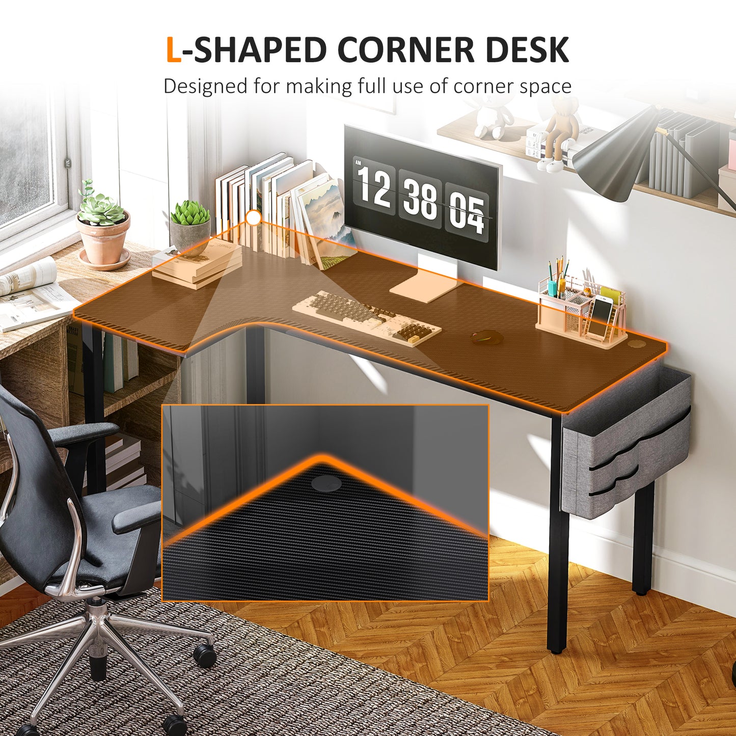L-Shaped Computer Gaming Desk with Fabric Bag, Hooks and Cable Management, 145 x 81 x 76cm - Black