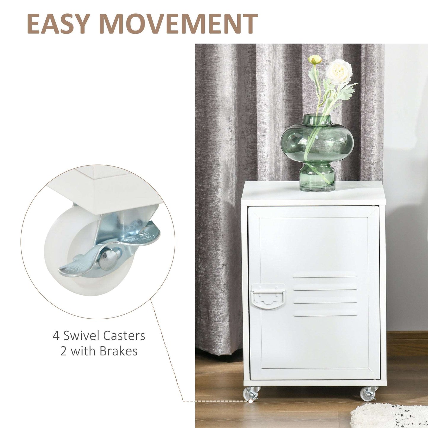 Industrial Bedside Table, Rolling End Side Table, Mobile Storage Cabinet With Adjustable Shelf, Wheels & Metal Door for Bedroom, Living Room