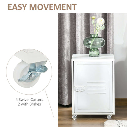 Industrial Bedside Table, Rolling End Side Table, Mobile Storage Cabinet With Adjustable Shelf, Wheels & Metal Door for Bedroom, Living Room