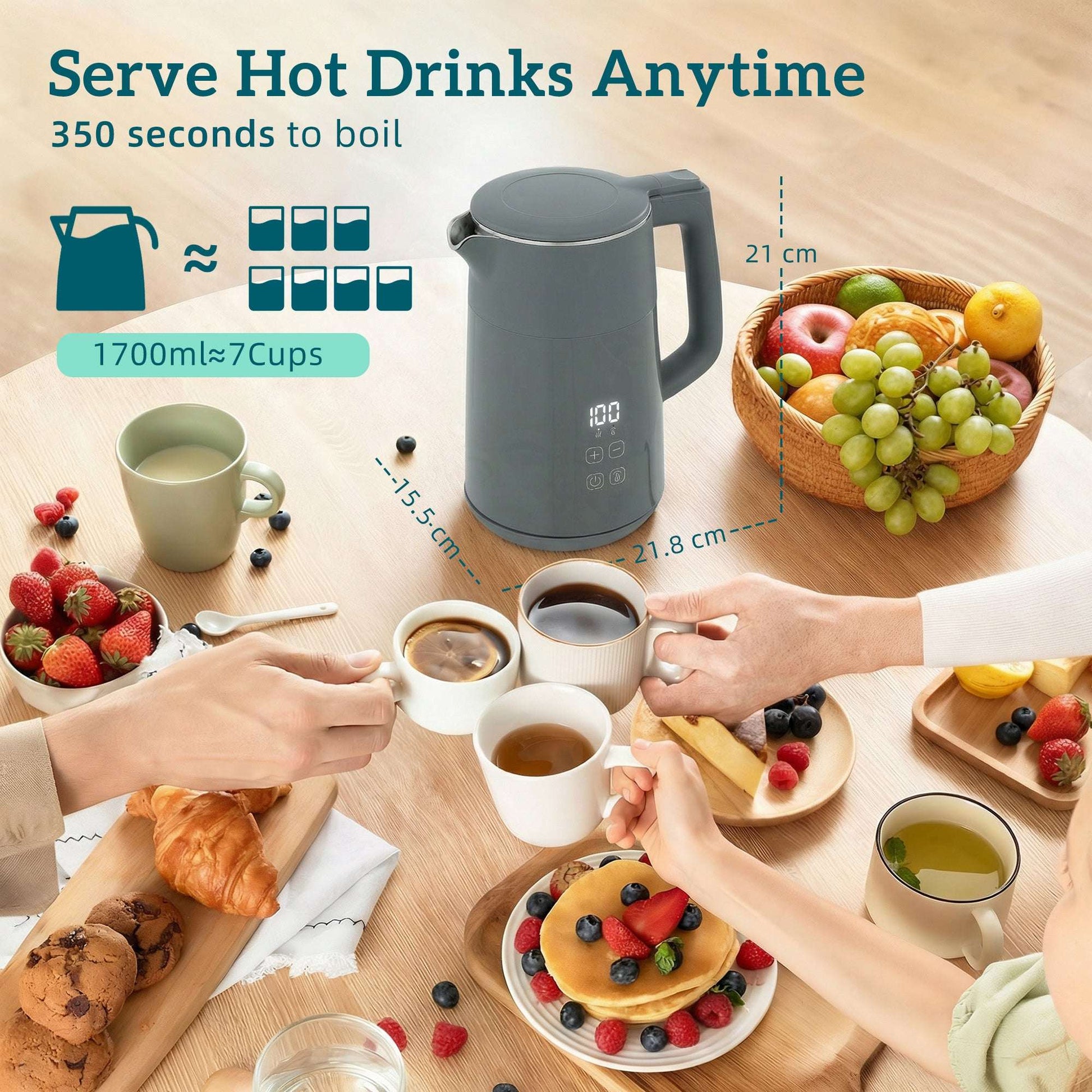 1.7L Electric Kettle | 3000W | 7 Temperature Settings 40-100°C | 2hr Keep-Warm | 304 Stainless Steel PTFE-Free | Boil-Dry Protection | Auto Shut-Off | 360° Swivel Base | Grey