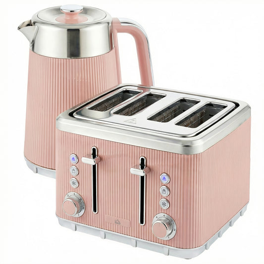 Electric Stainless Steel Kettle and Toaster Set, 3000W 1.7L UK Strix Thermostat Fast Boil Kettle Pink