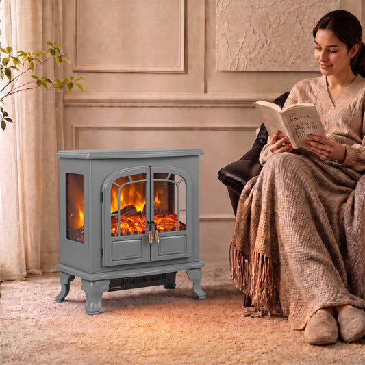 Electric Fireplace Stove | Grey Freestanding 2000W Heater with LED Flame Effect, Energy Rating C