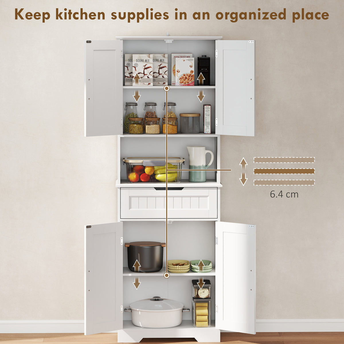Tall Kitchen Pantry Cupboard | White MDF | 60x30x172cm | 2 Cabinets Adjustable Shelves | Open Counter Cable Hole | Drawer | Anti-Tip | Anti-Slip Feet | 45kg | Freestanding