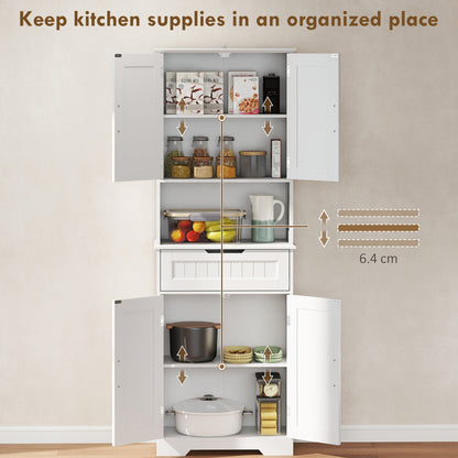 Tall Kitchen Pantry Cupboard | White MDF | 60x30x172cm | 2 Cabinets Adjustable Shelves | Open Counter Cable Hole | Drawer | Anti-Tip | Anti-Slip Feet | 45kg | Freestanding
