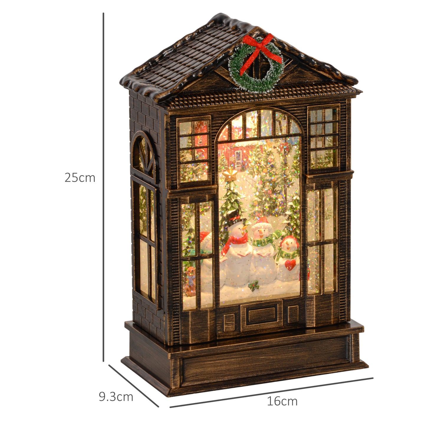 Christmas Snow Globe Lantern with Lights, Musical with Swirling Glitter, Battery Operated Decoration for Holiday Party Gift, Bronze Tone