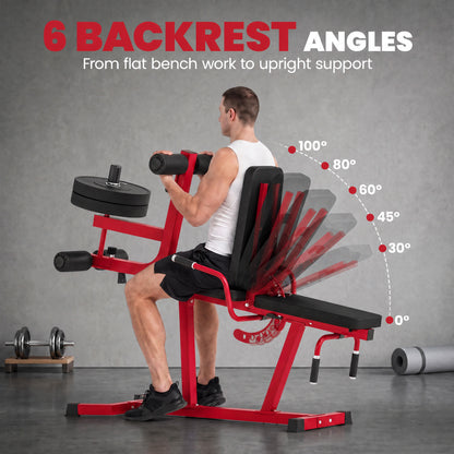 SPORTNOW 3-in-1 Weight Bench & Leg Extension Curl Machine | Red | 163x58x118cm | 300kg Capacity | 6-Position Backrest 0-100° | Leg Developer 0-90° | 75kg Weight Peg | Steel & PU Leather