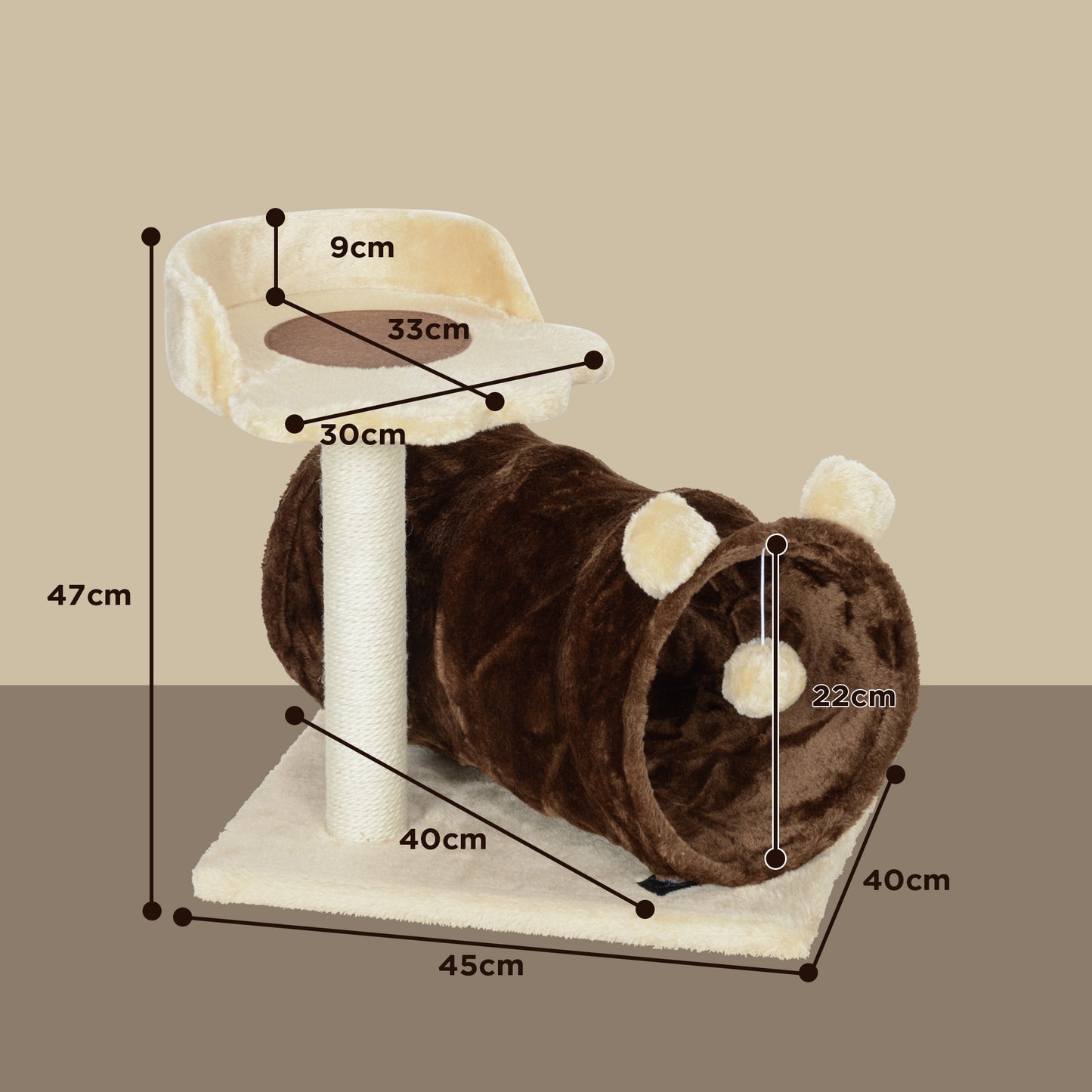 PawHut 47cm Small Cat Tree w/ Scratching Post, Bed, Cat Tunnel, Toy Ball, Dark Brown / Grey